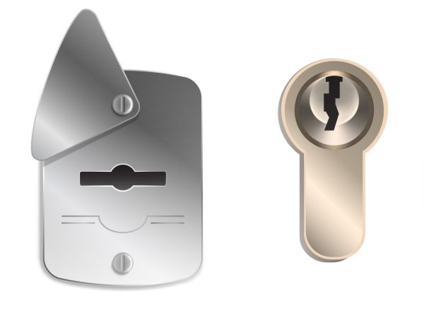 Keyhole templates, round and rectangular key holes for locker, door handle or padlock. Detailed steel or silver colored mockup isolated on white background, Realistic 3d vector illustration, set